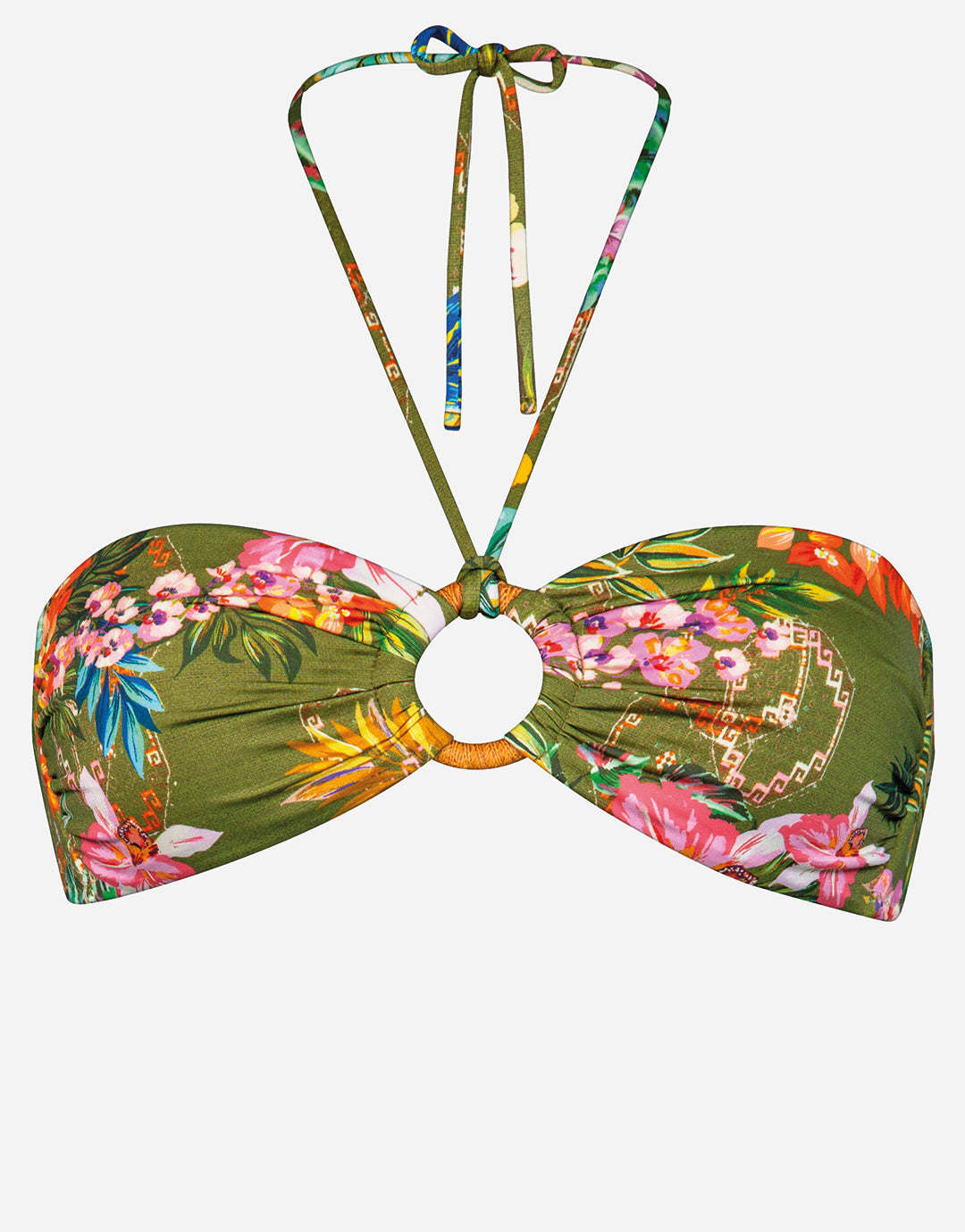 Sunset Florals Ring Front Bandeau Bikini Top - Warm Olive - Simply Beach UK