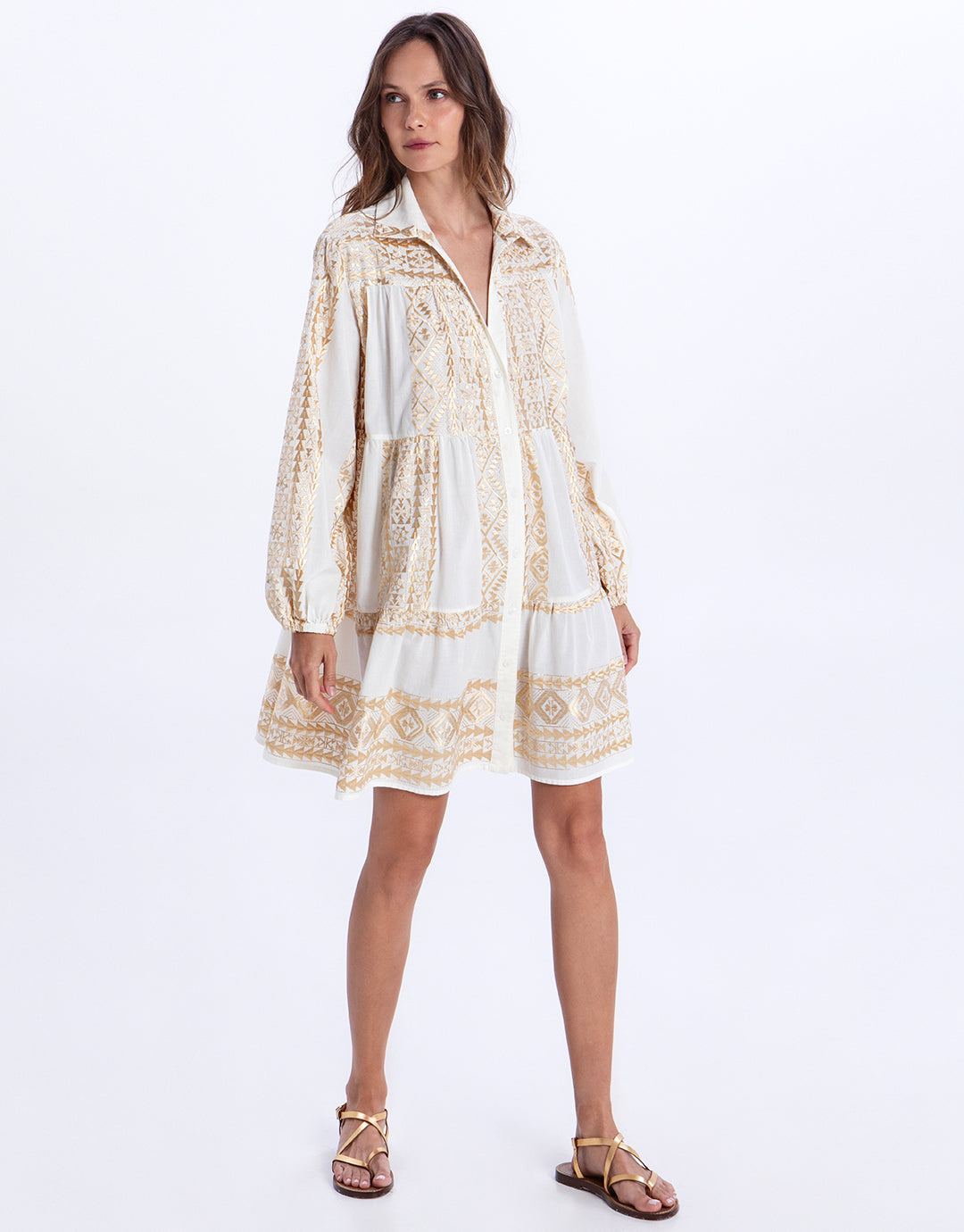 Classic Triangle Long Sleeve Mini Dress - White and Gold Classic Triangle Long Sleeve Mini Dress - White and Gold