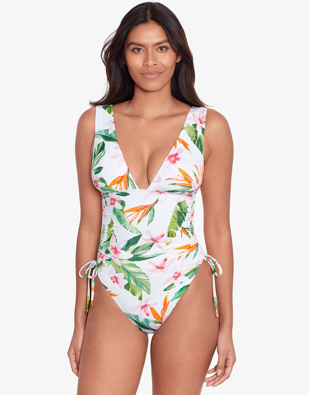 Watercolour Tropical Shirred Plunge Swimsuit - White Multi - Simply Beach UK