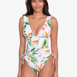 Watercolour Tropical Shirred Plunge Swimsuit - White Multi - Simply Beach UK