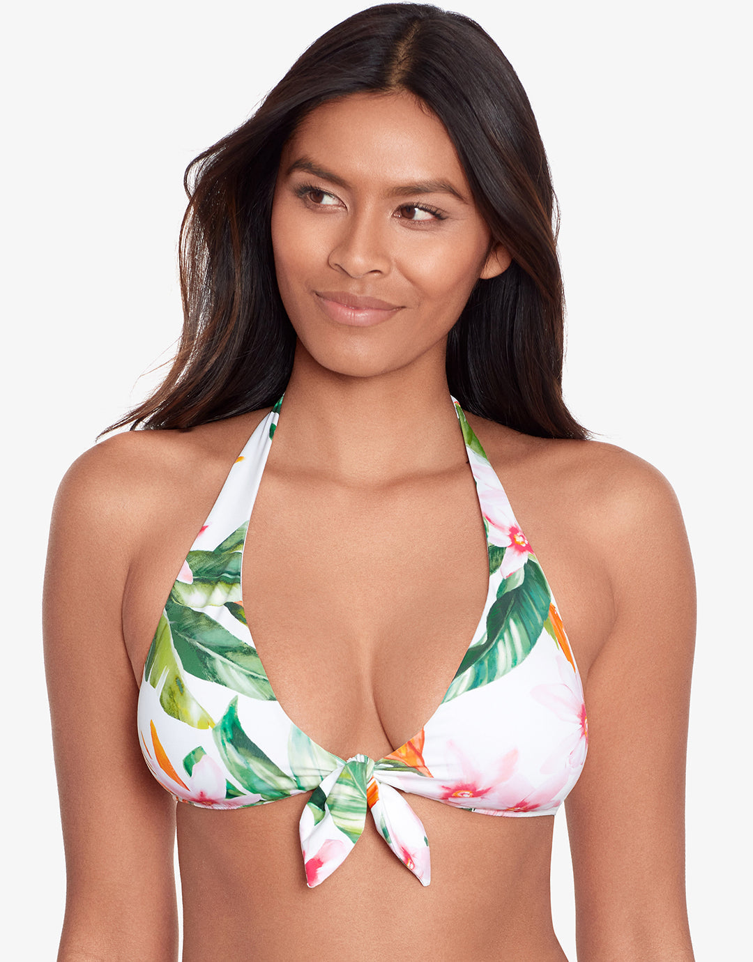 Watercolour Tropical Tie Front Halter Bikini Top - White Multi - Simply Beach UK