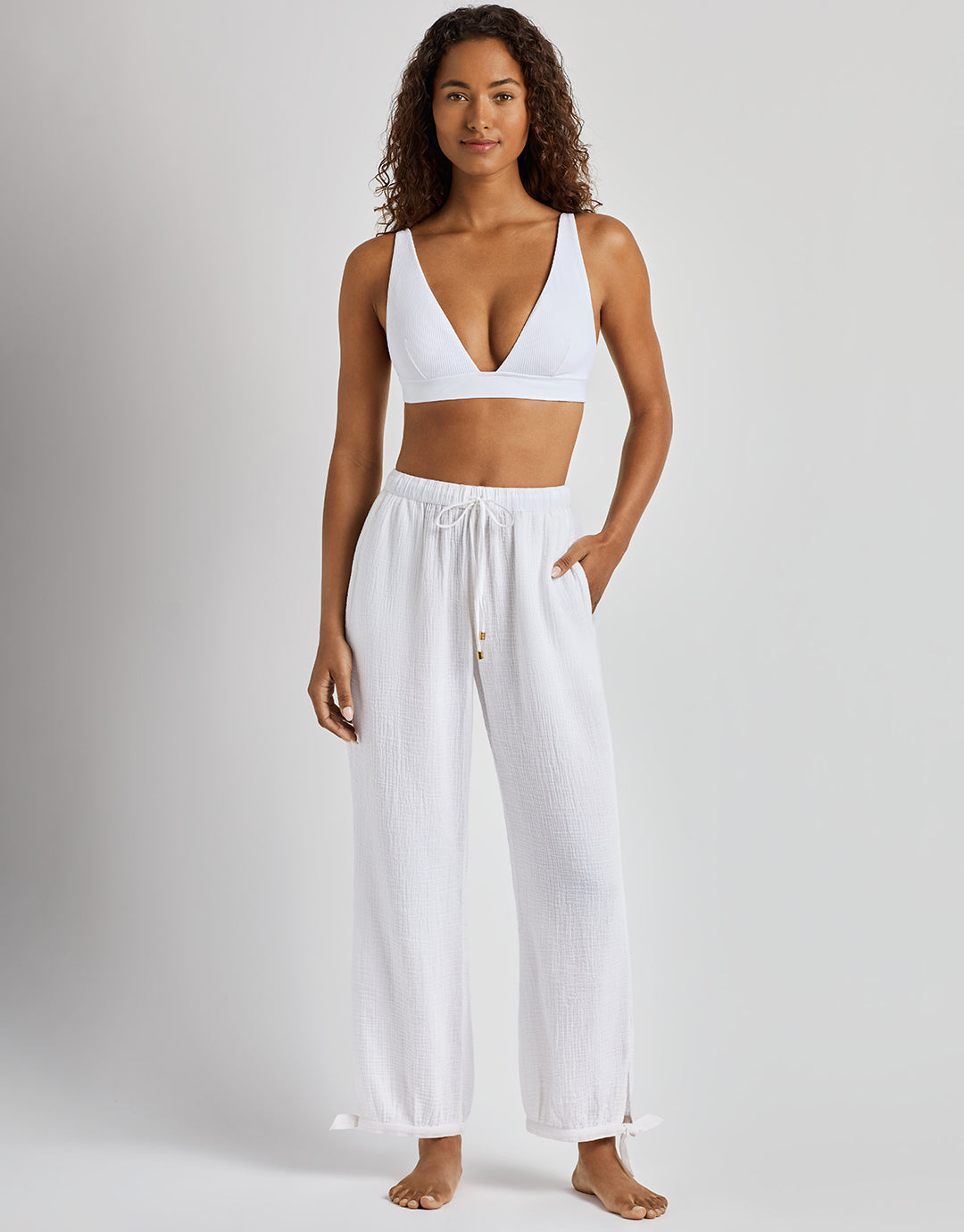 Double Gauze Ankle Tie Pant - White - Simply Beach UK
