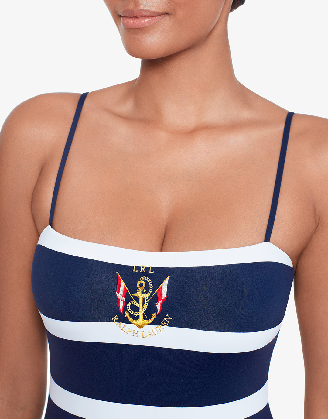 Mariner Stripe Embroidered Square Neck Swimsuit - Navy and White - Simply Beach UK