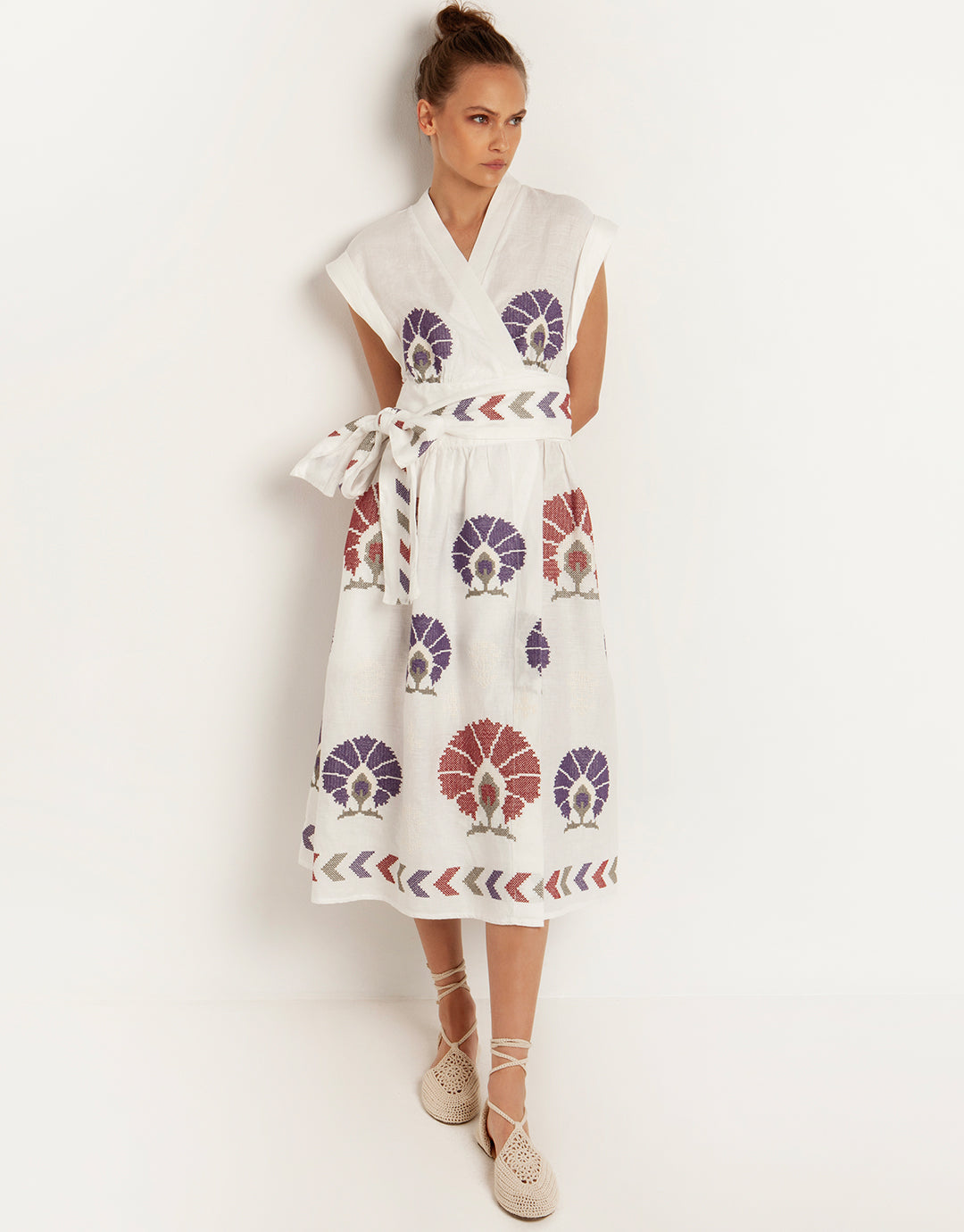 Mini Peacocks Wrap Midi Dress - White and Purple Mini Peacocks Wrap Midi Dress - White and Purple