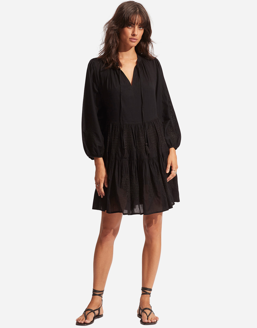 Corsica Embroidery Tier Dress - Black - Simply Beach UK