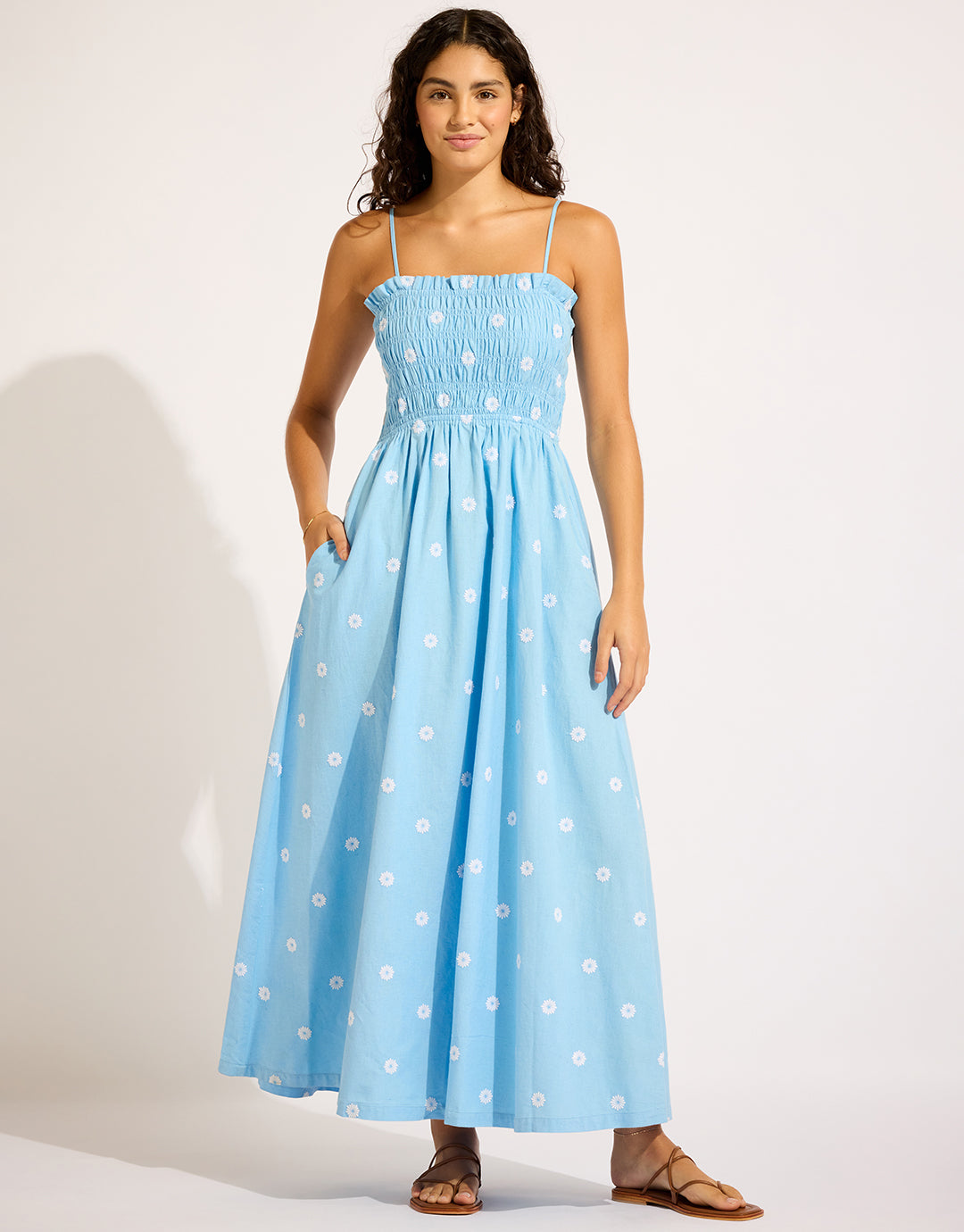 Daisy Chain Shirred Maxi Dress - Powder Blue - Simply Beach UK