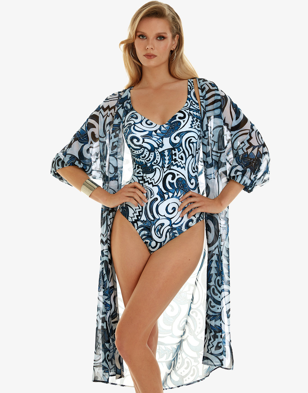 Graffiti Midi Length Beach Shirt - Blue and White - Simply Beach UK