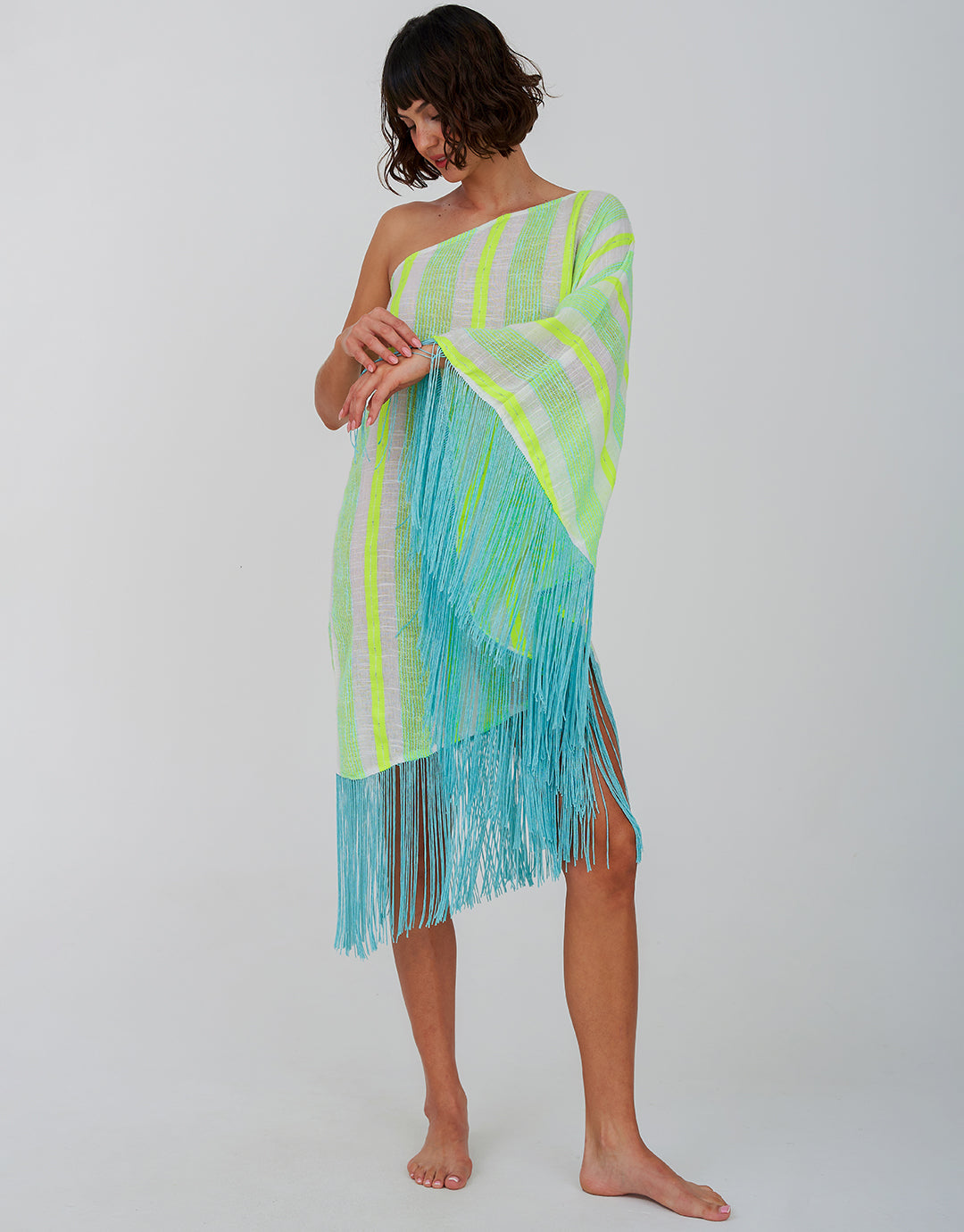 Fringed One Shoulder Kaftan - Neon Yellow - Simply Beach UK