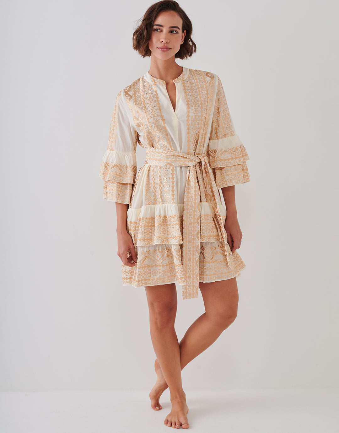 Classic Triangle Layered Mini Dress with Sash - Natural and Gold - Simply Beach UK