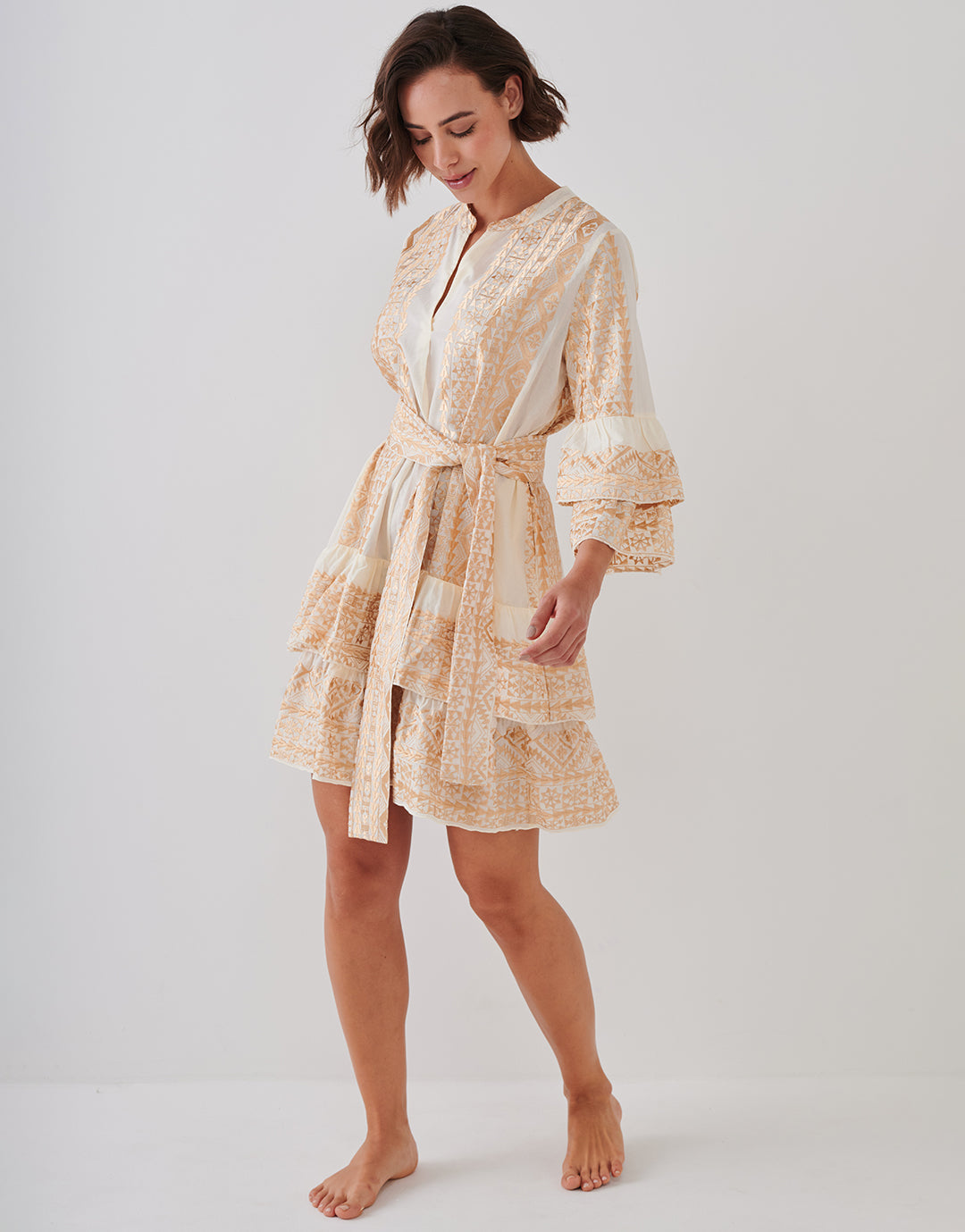 Classic Triangle Layered Mini Dress with Sash - Natural and Gold - Simply Beach UK