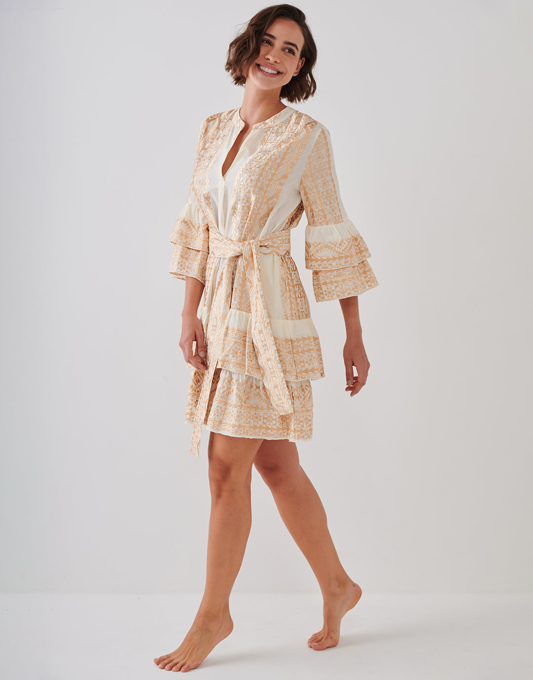 Classic Triangle Layered Mini Dress with Sash - Natural and Gold - Simply Beach UK