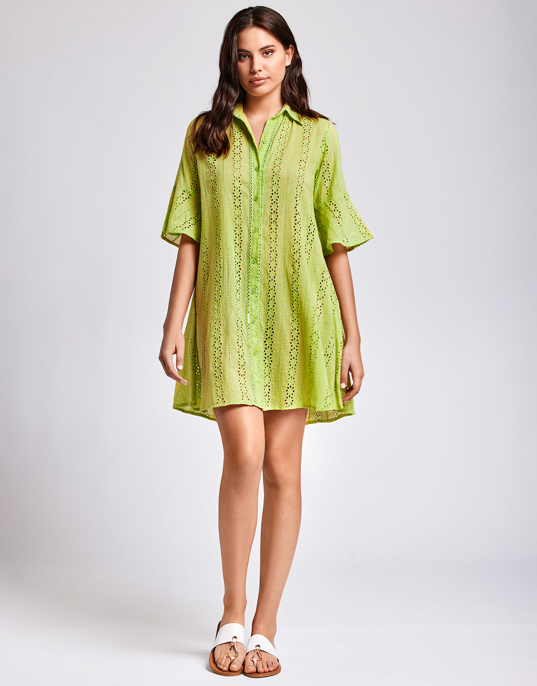 Romina 3/4 Sleeve Shirt Dress Lime1