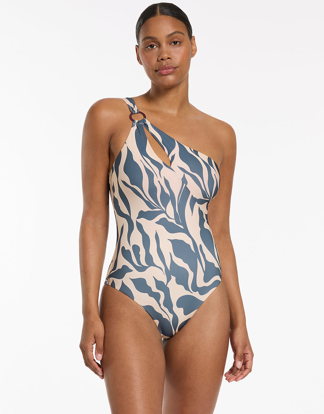 Sereno One Shoulder Ring Swimsuit - Steel Blue - Simply Beach UK