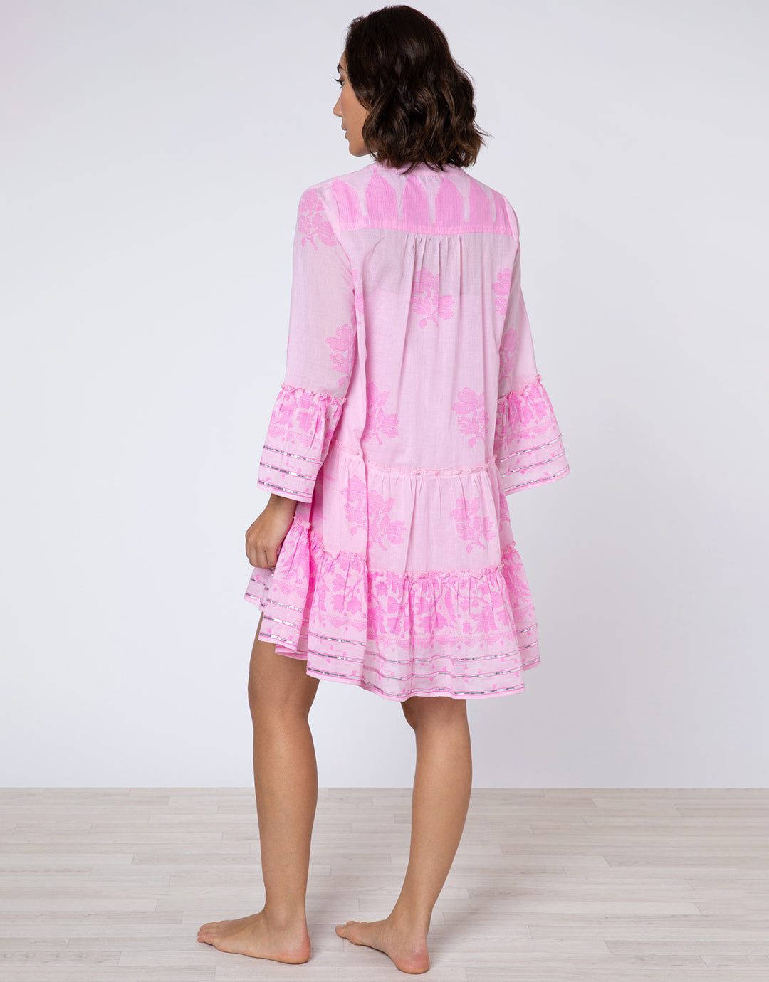 Dhaka Print Flared Sleeve Dress - Pink and Neon Pink - Simply Beach UK