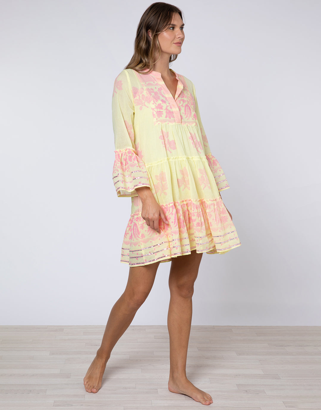 Dhaka Print Flared Sleeve Dress - Yellow and Fuchsia - Simply Beach UK