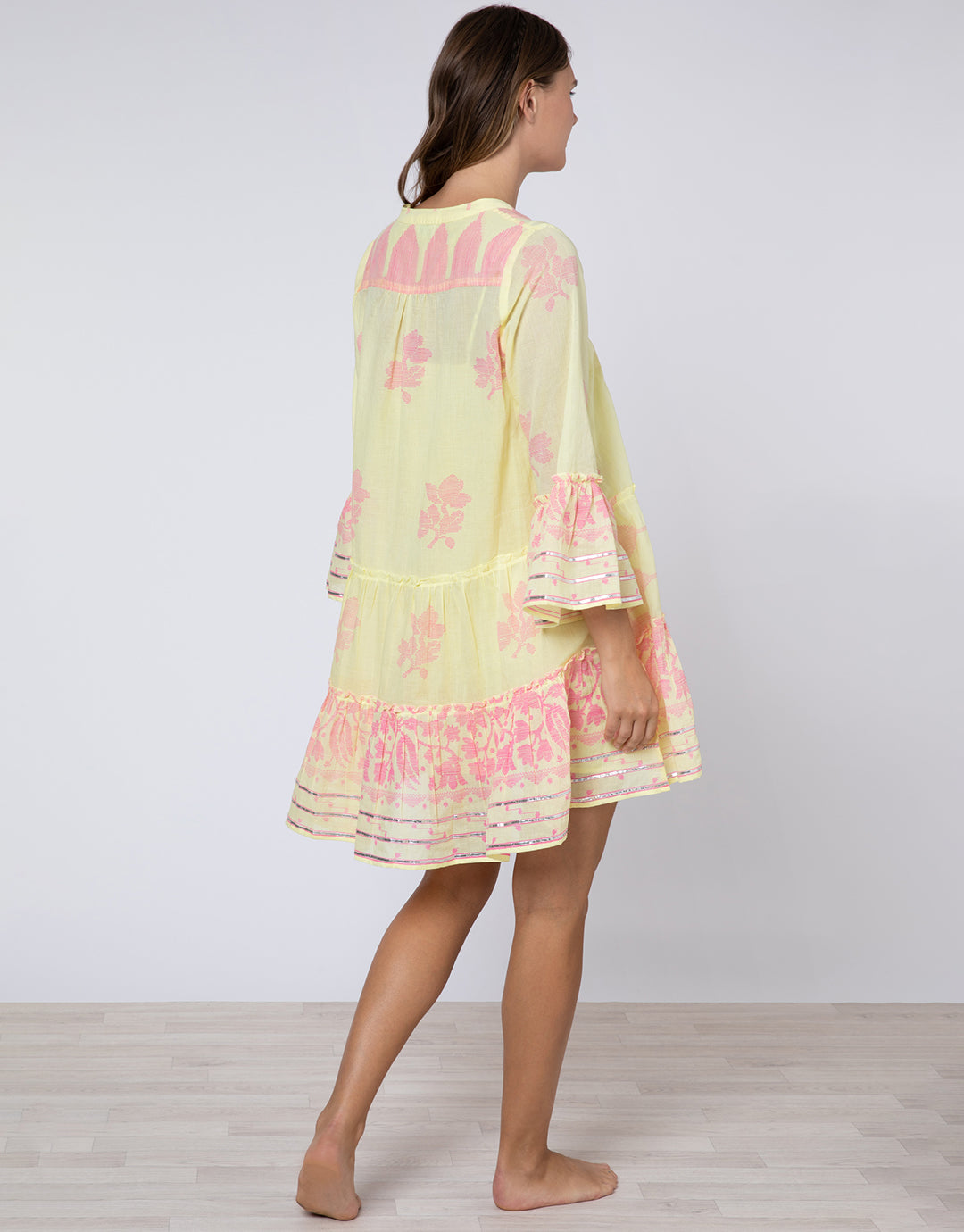 Dhaka Print Flared Sleeve Dress - Yellow and Fuchsia - Simply Beach UK