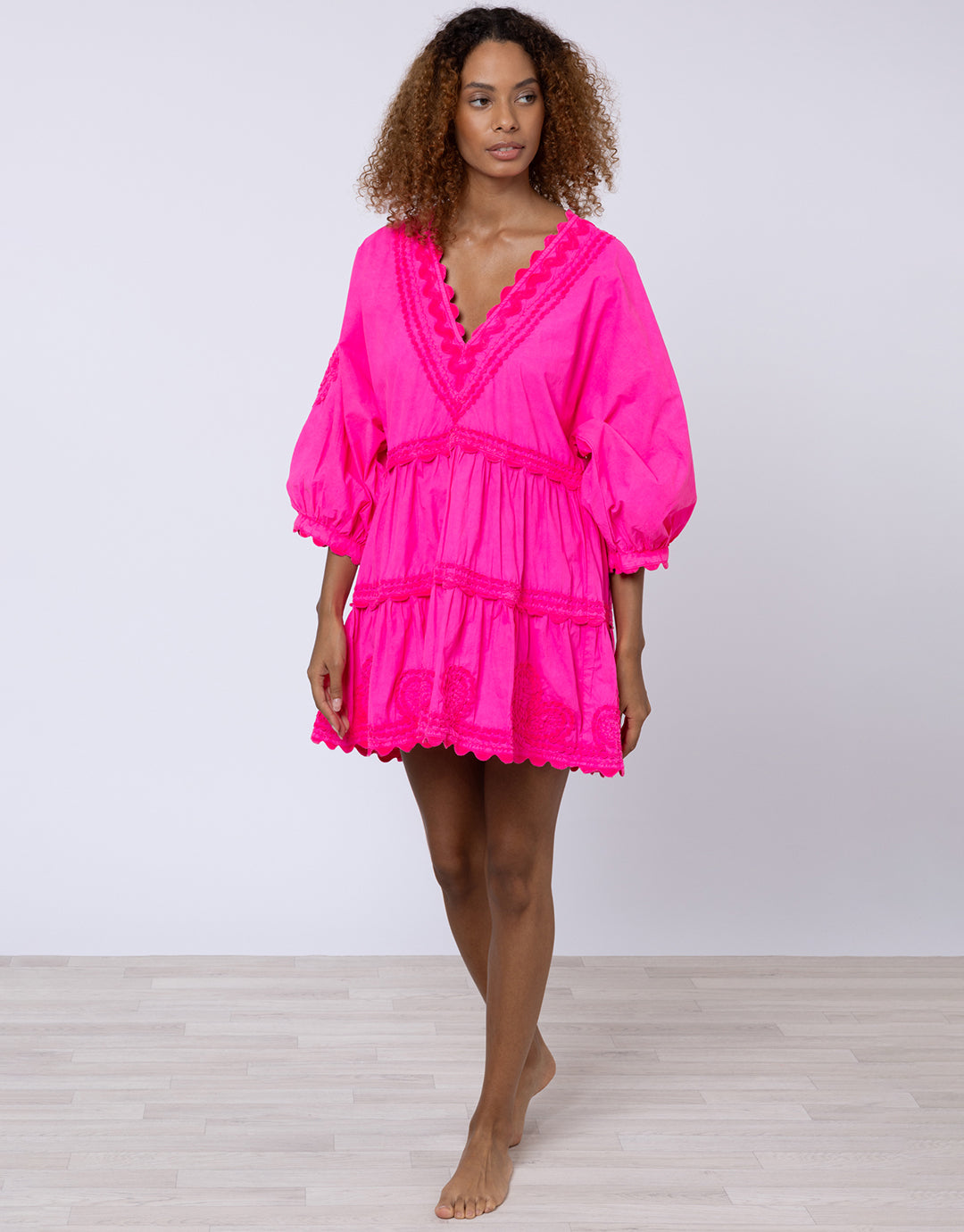 Poplin V-Neck Tiered Mini Dress with Ric-Rac - Indian Pink Poplin V-Neck Tiered Mini Dress with Ric-Rac - Indian Pink