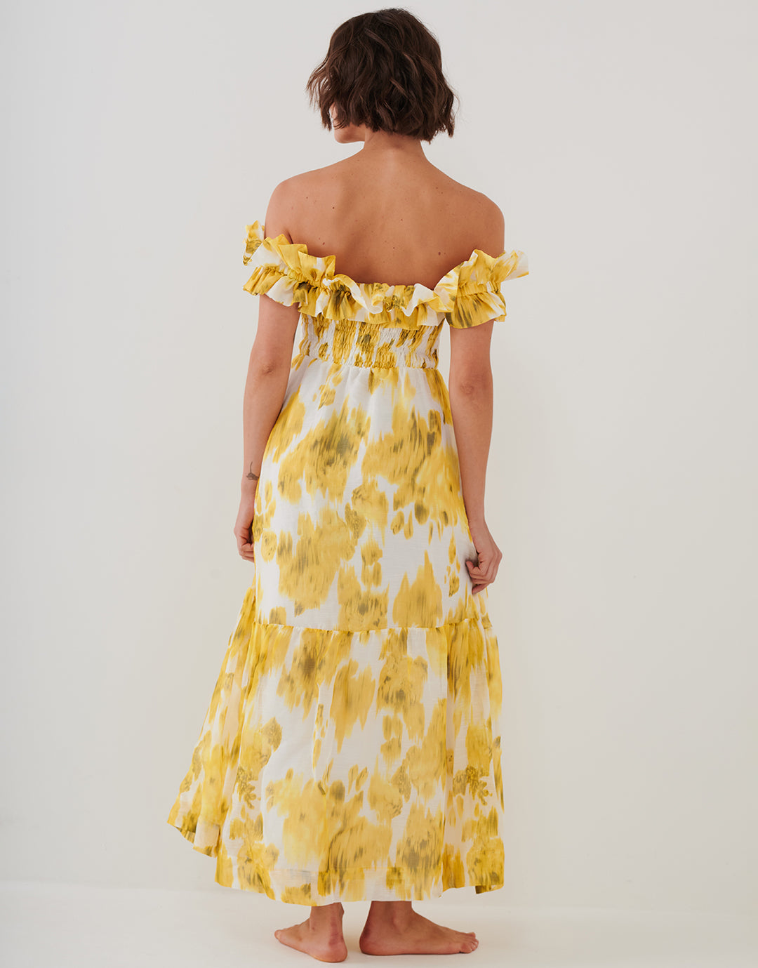 Soft Focus Florals Ruffle Bandeau Midi Dress - Vivid Yellow - Simply Beach UK