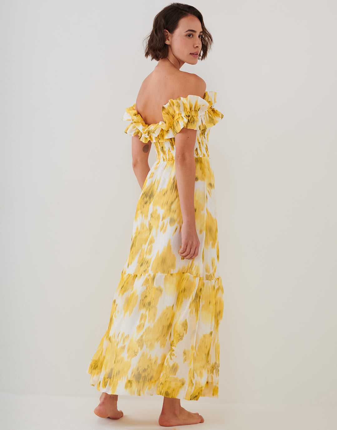 Soft Focus Florals Ruffle Bandeau Midi Dress - Vivid Yellow - Simply Beach UK