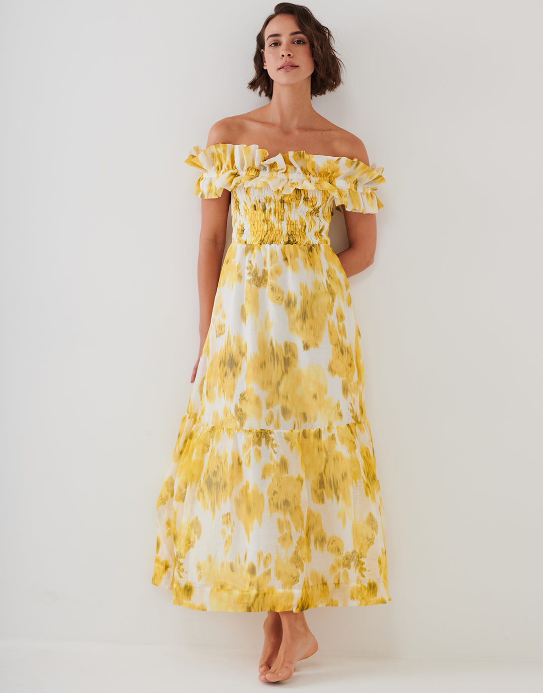 Soft Focus Florals Ruffle Bandeau Midi Dress - Vivid Yellow - Simply Beach UK