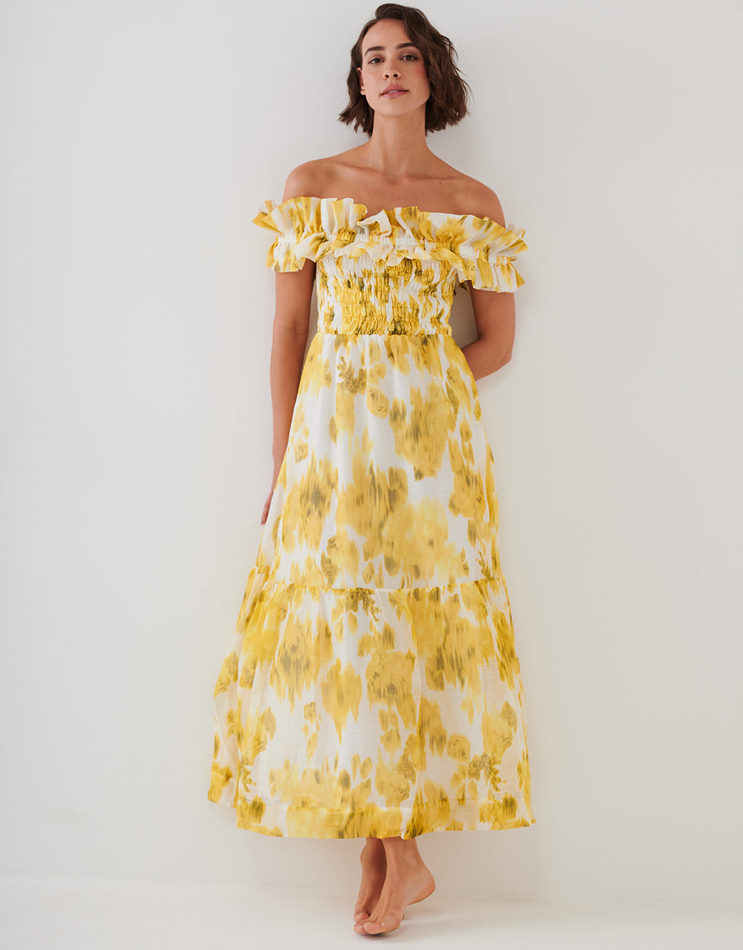 Soft Focus Florals Ruffle Bandeau Midi Dress - Vivid Yellow - Simply Beach UK
