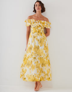 Soft Focus Florals Ruffle Bandeau Midi Dress - Vivid Yellow - Simply Beach UK