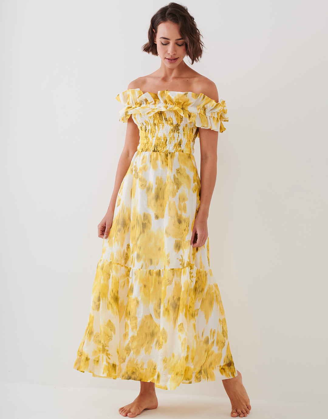 Soft Focus Florals Ruffle Bandeau Midi Dress - Vivid Yellow - Simply Beach UK