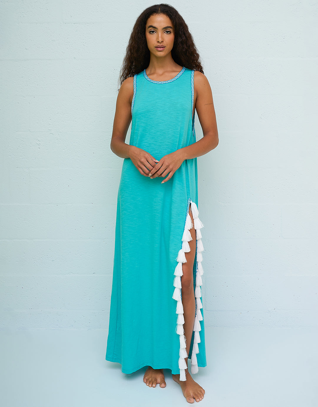 Monochromatic Tassel Slit Dress - Teal Monochromatic Tassel Slit Dress - Teal