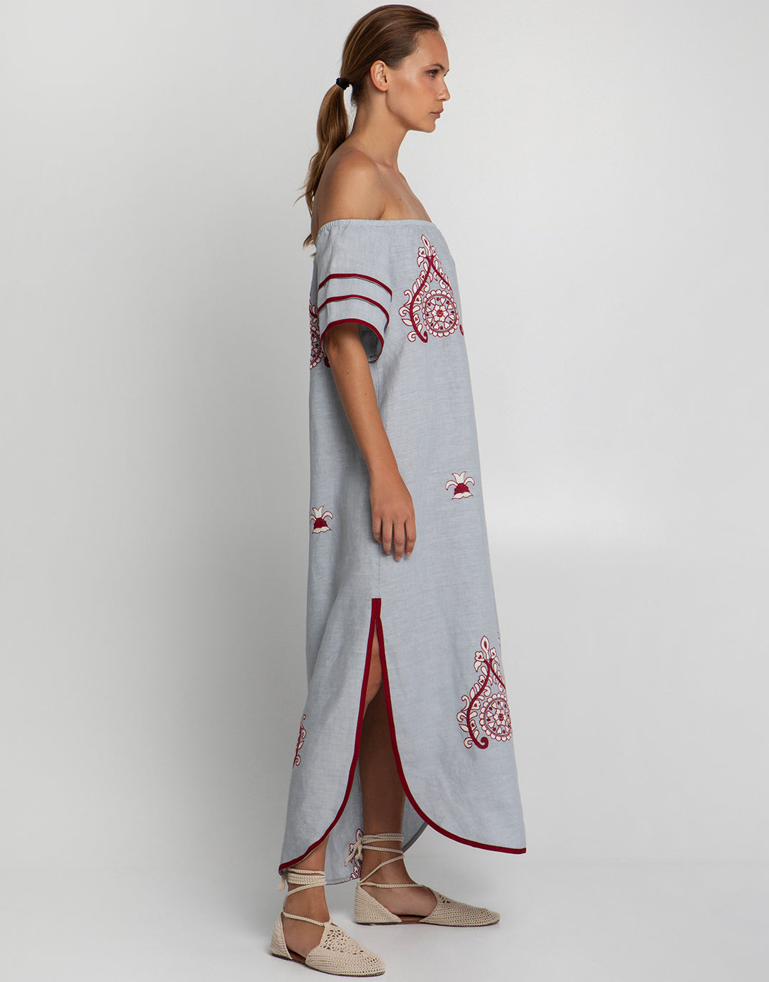 Pithari Off The Shoulder Dress - Light Grey and Wine - Simply Beach UK