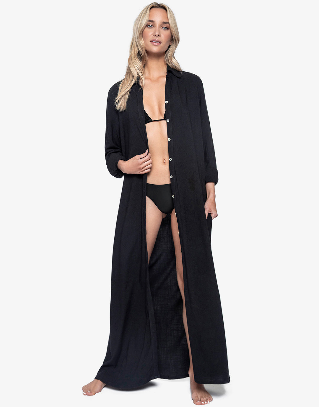 Midnight Billie Button Maxi Shirt Cover Up - Black - Simply Beach UK