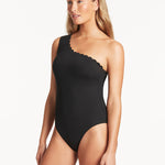 Scallop Wide Strap Diagonal Swimsuit - Black - Simply Beach UK