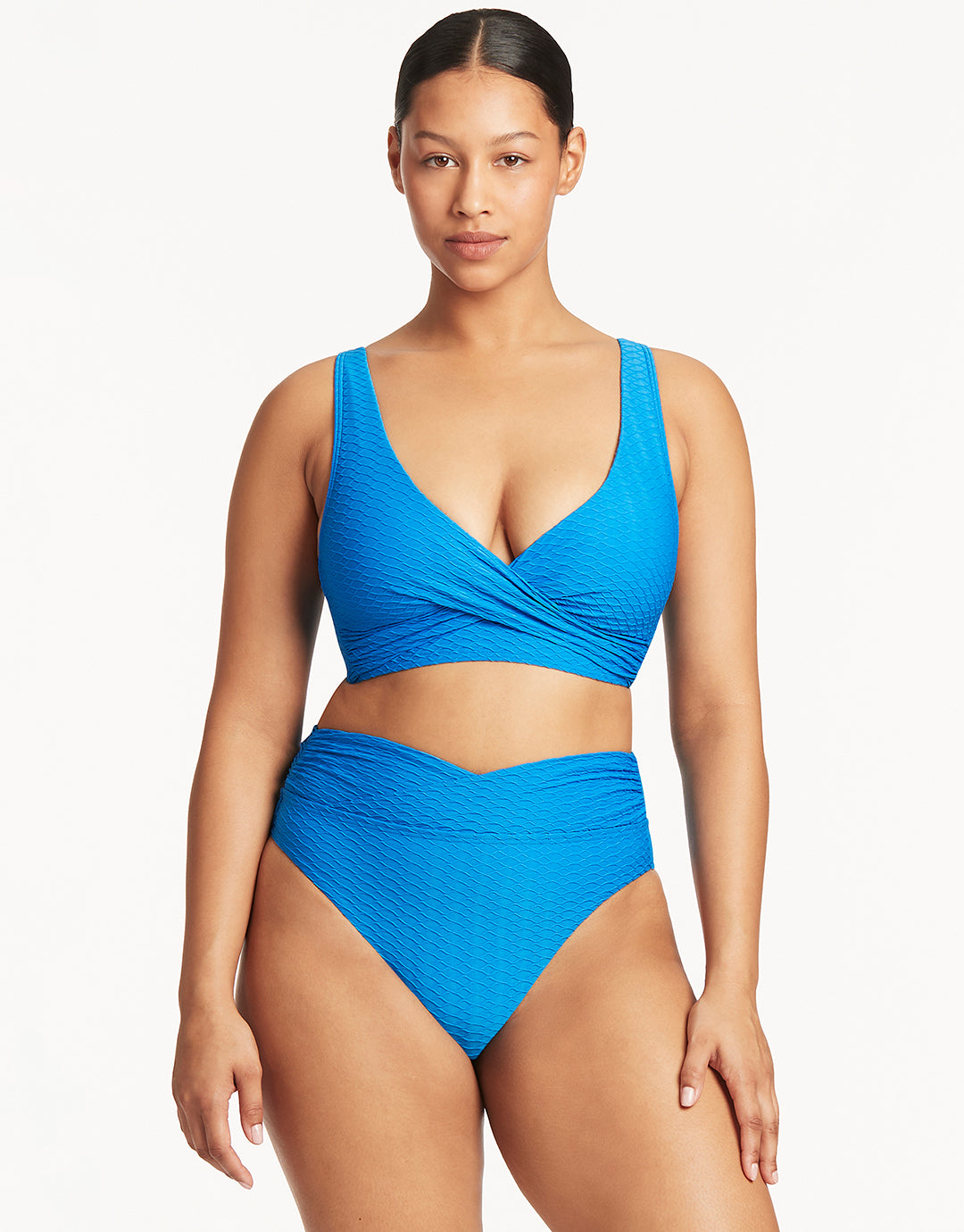 Honeycomb Cross Front Multi-Fit Bikini Top - Capri Blue - Simply Beach UK