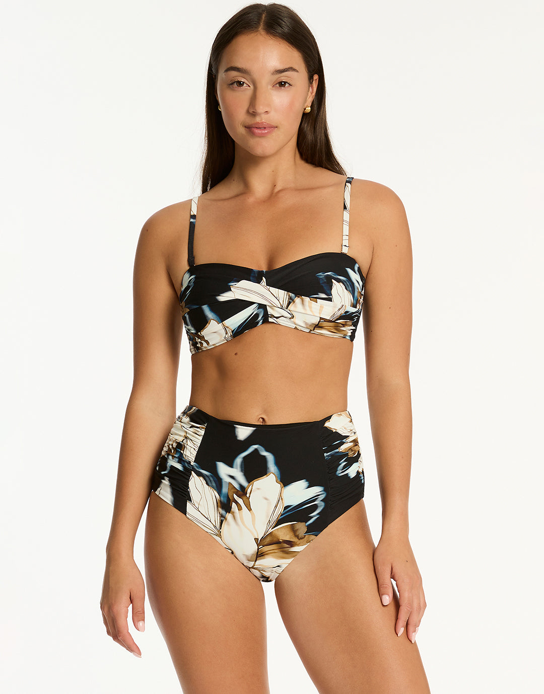 La Luna High Waist Gathered Side Bikini Pant - Black - Simply Beach UK