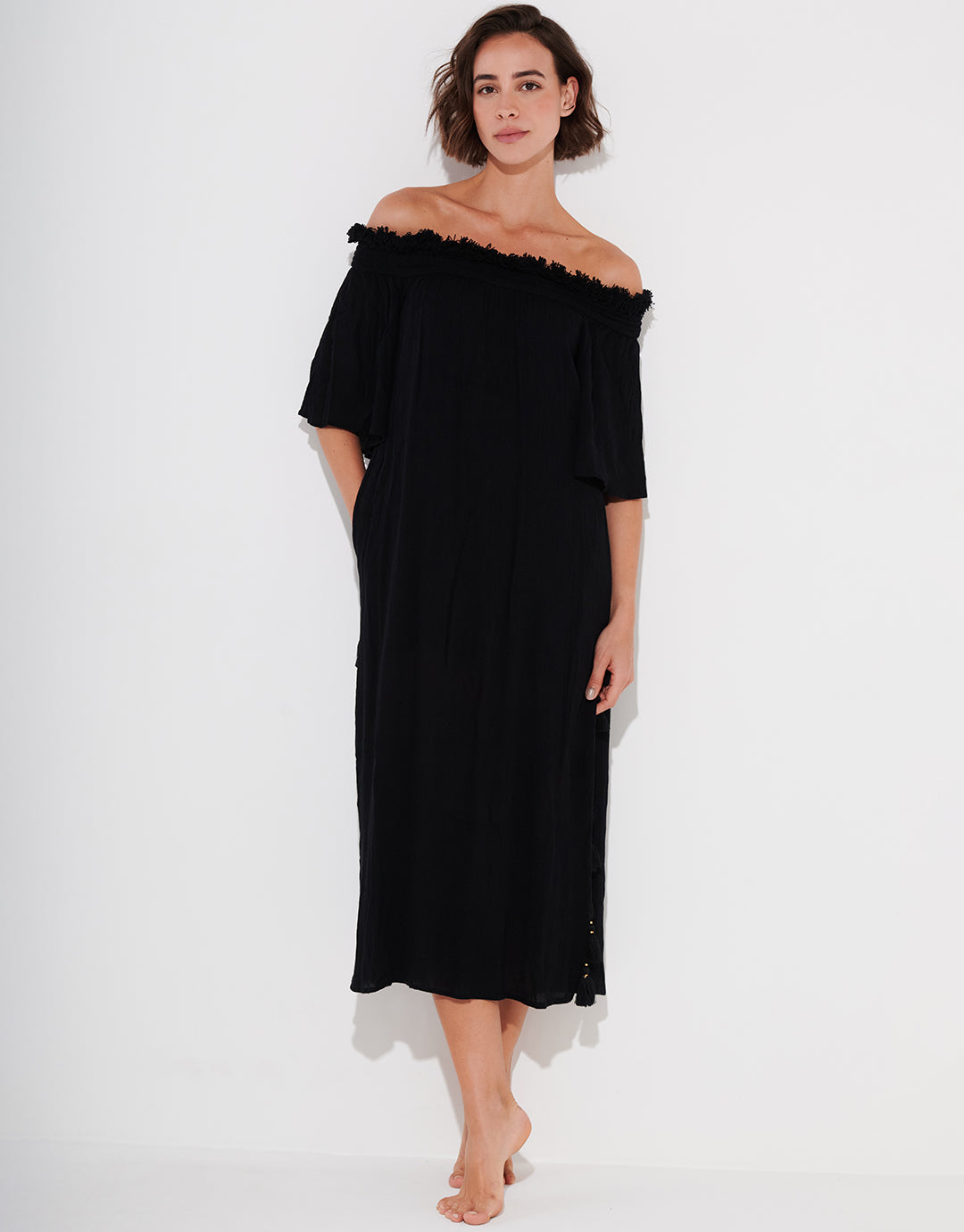 black off the shoulder beach dress KADIE OFF SHOULDER MAXI DRESS - BLACK