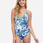 Profile Escape in Bali V Neck Swimsuit - White/Blue - Simply Beach UK