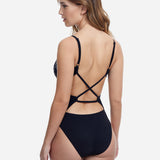 Profile Mashrabiya Round Neck Tie Back Swimsuit - Black - Simply Beach UK
