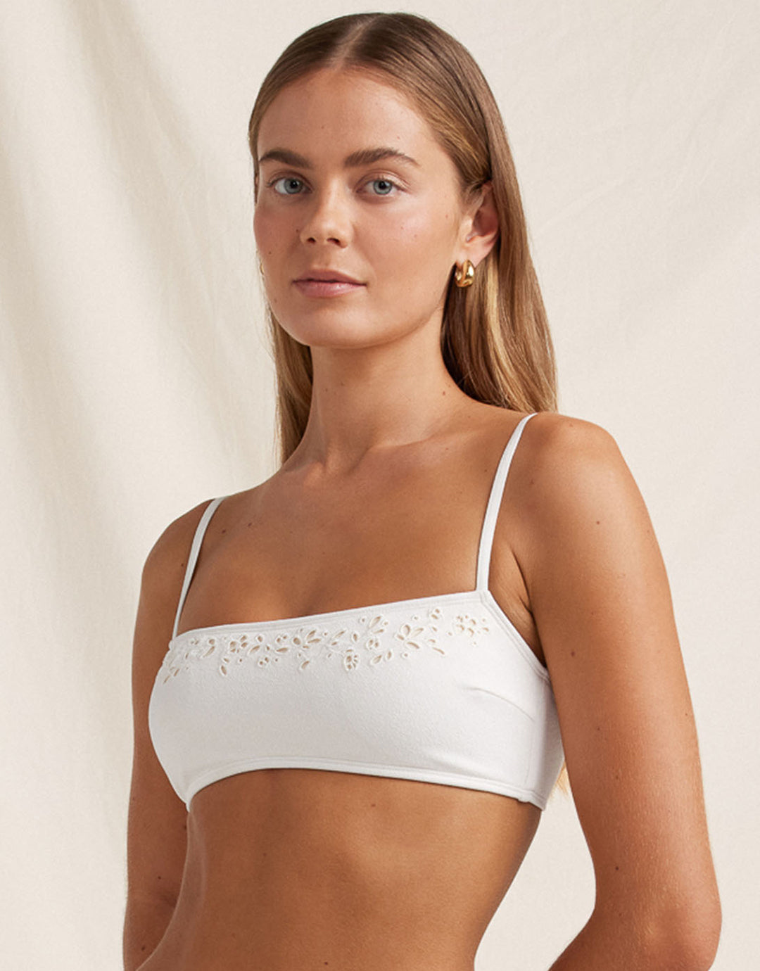 Creme Memoir Embroidered Bandeau Crop Bikini Top - White - Simply Beach UK