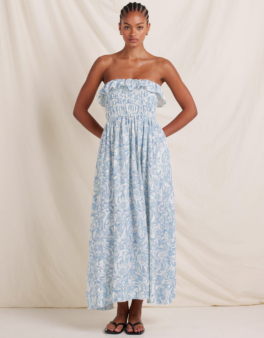 Daffodil Shirred Midi Dress - Blue Print Daffodil Shirred Midi Dress - Blue Print