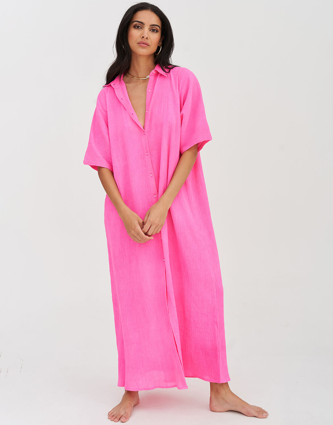 Crinkle Button Down Dress - Hot Pink - Simply Beach UK