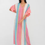 Contrast Ruffle Sleeve V Neck Dress - Multi - Simply Beach UK