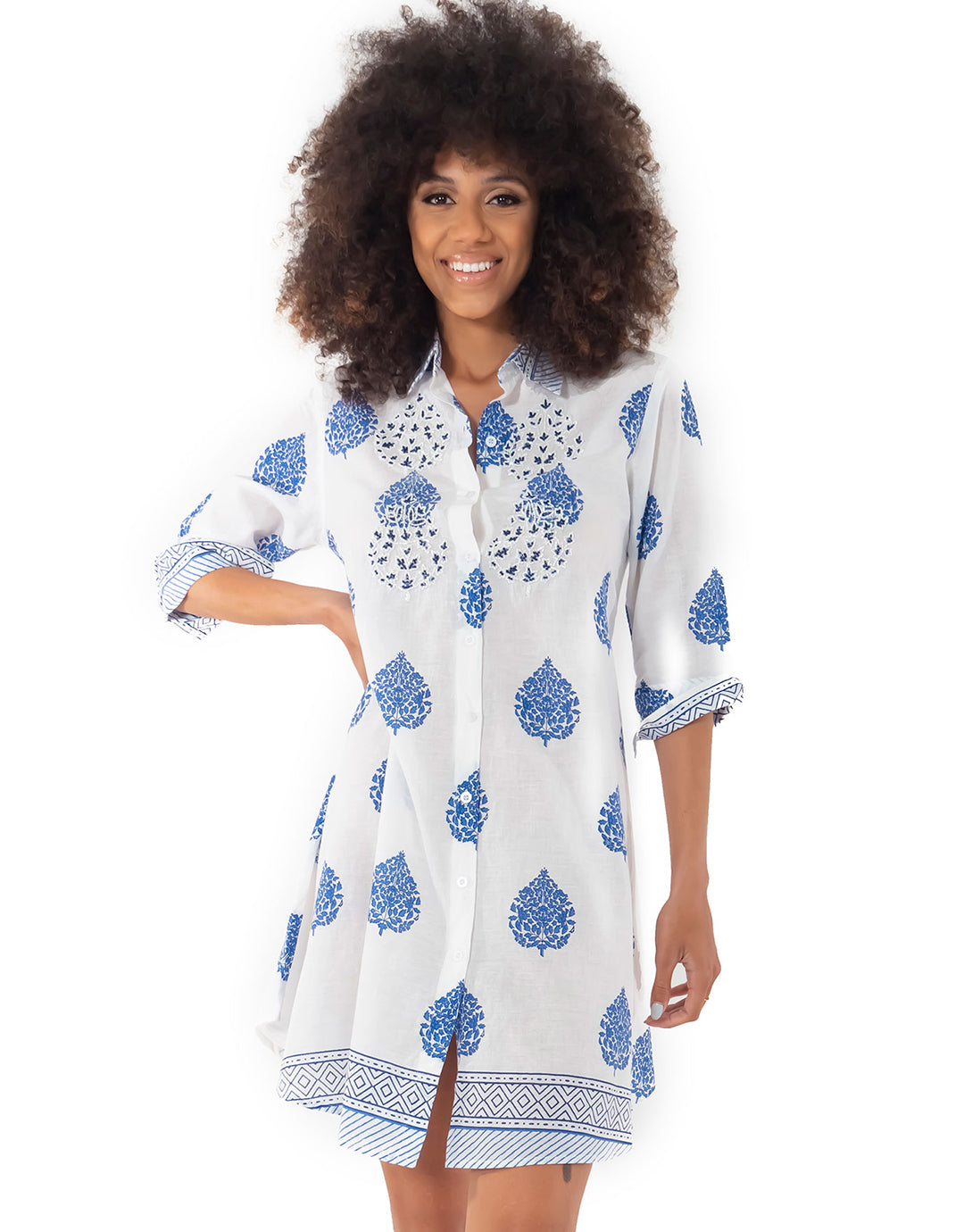 Romina Beach Shirt Dress - White and Blue - Simply Beach UK
