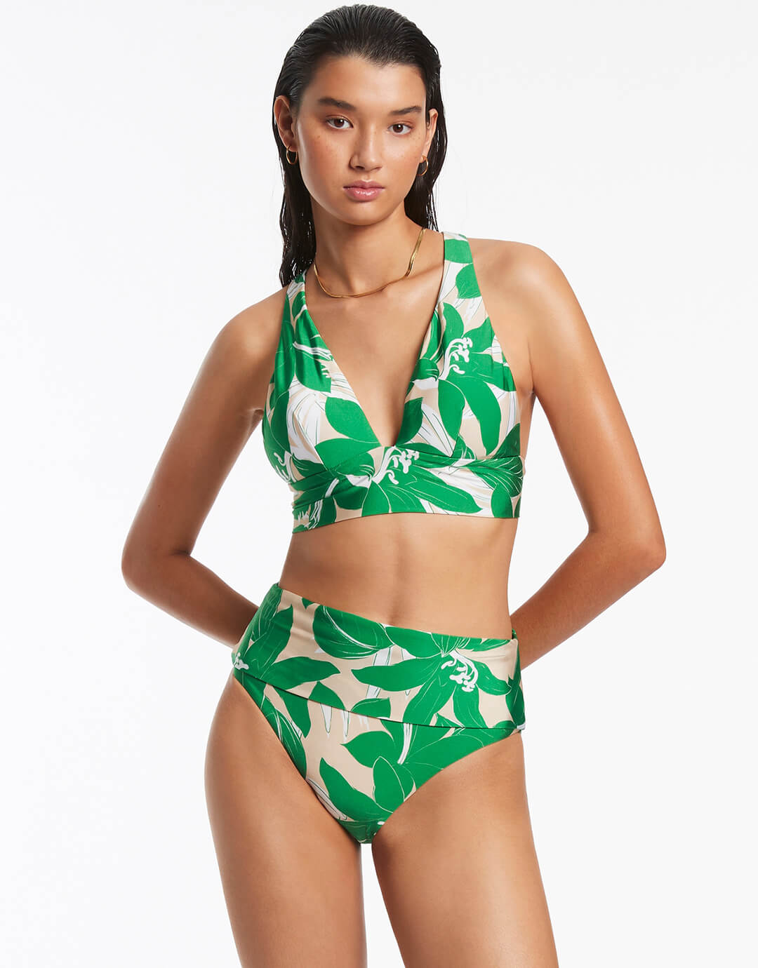 Floreale Fold Down Bikini Pant - Green - Simply Beach UK