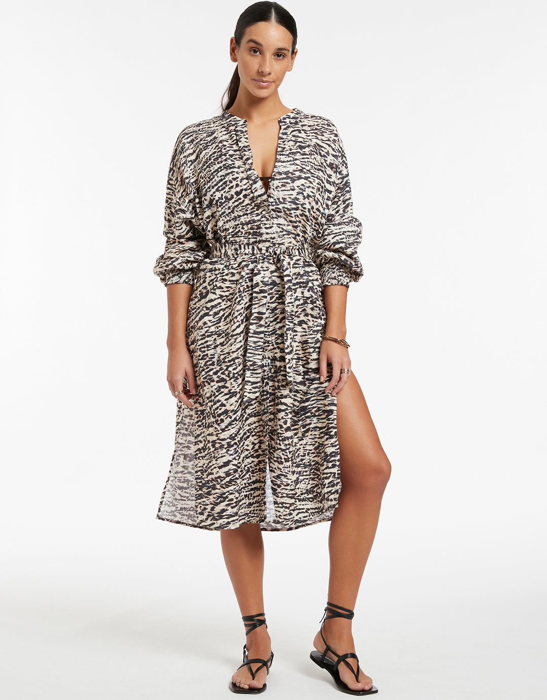 Sahara Shirred Cuff Shirtdress - Animal - Simply Beach UK