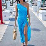 Ruched One Shoulder Cut Out Dress - Blue - Simply Beach UK
