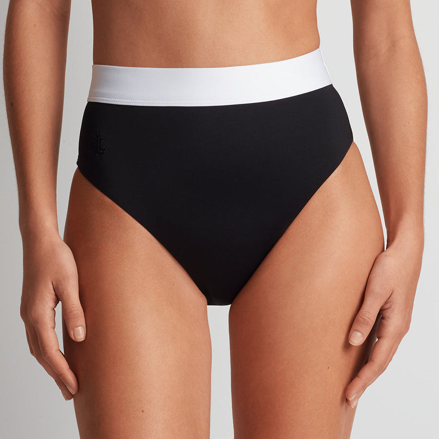 Bel Air High Waist Bikini Pant in black with a white waistband as one of the best bikini bottoms for love handles.