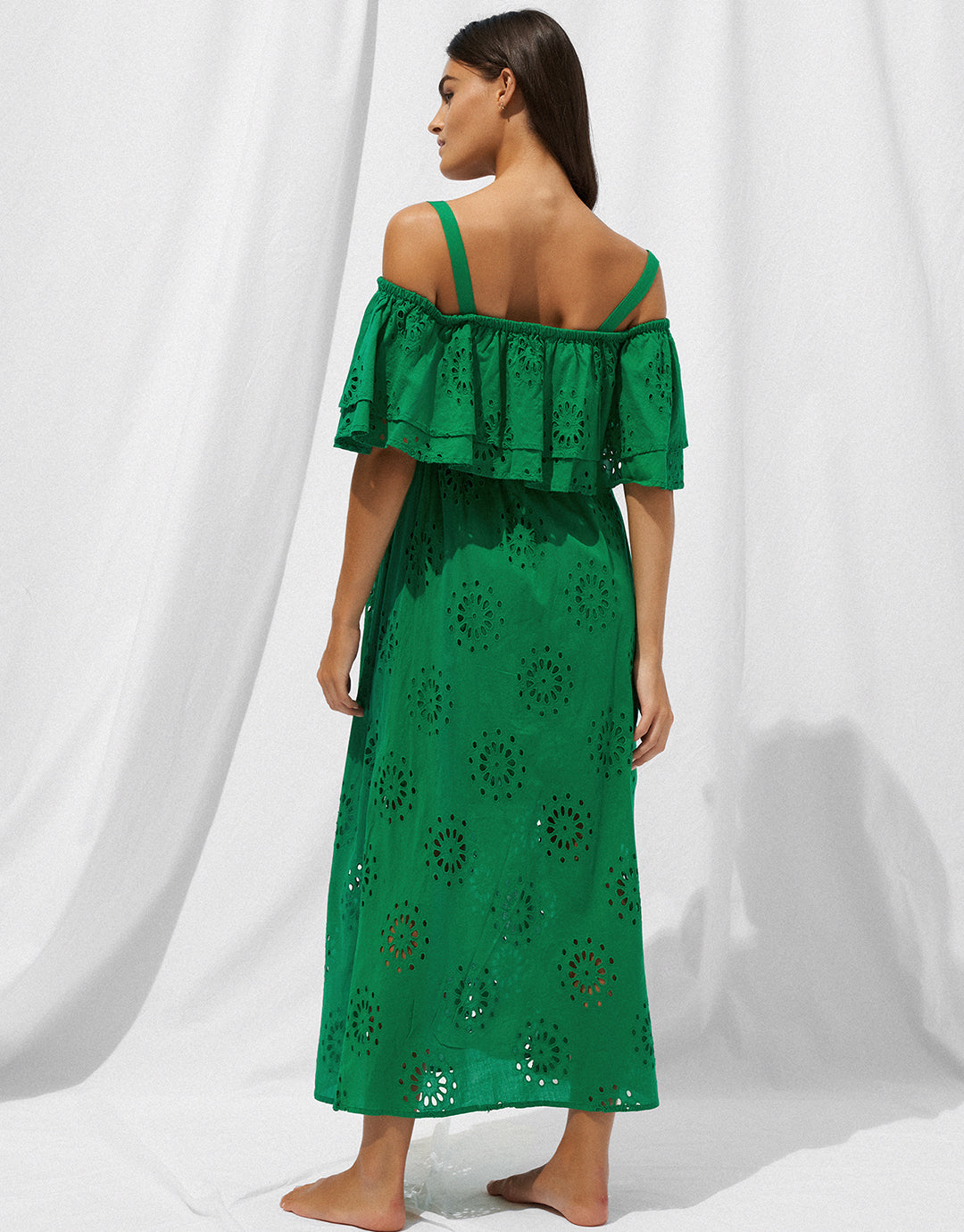 Ruffle Shoulder Maxi Dress - Green Flare - Simply Beach UK