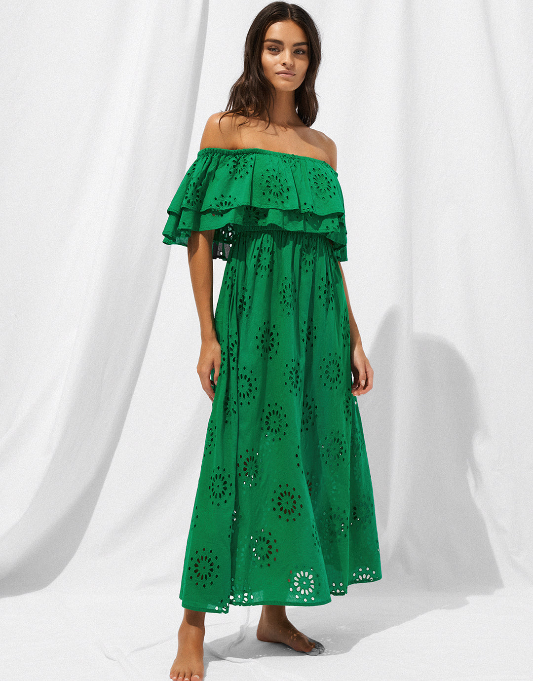 Ruffle Shoulder Maxi Dress - Green Flare - Simply Beach UK