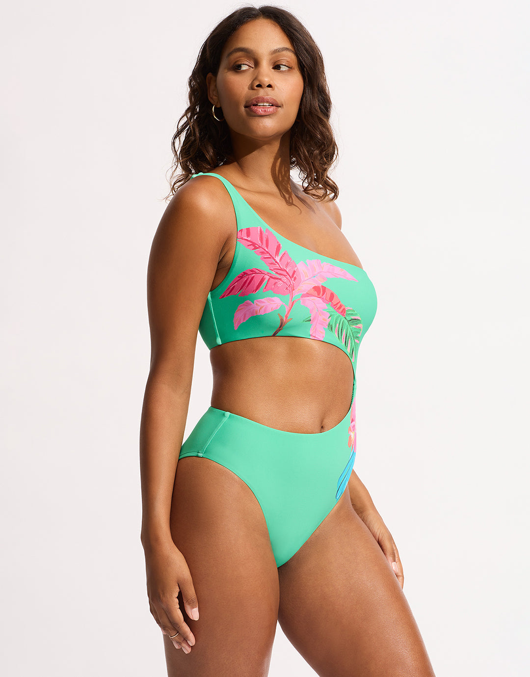 Tropica One Shoulder Cut Out Swimsuit - Jade - Simply Beach UK
