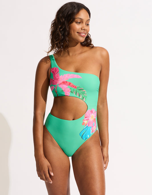 Tropica One Shoulder Cut Out Swimsuit - Jade - Simply Beach UK