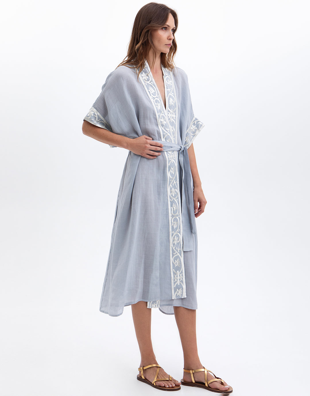 Greek Archaic Kori Crete Midi Kimono - Light Grey and Champagne - Simply Beach UK